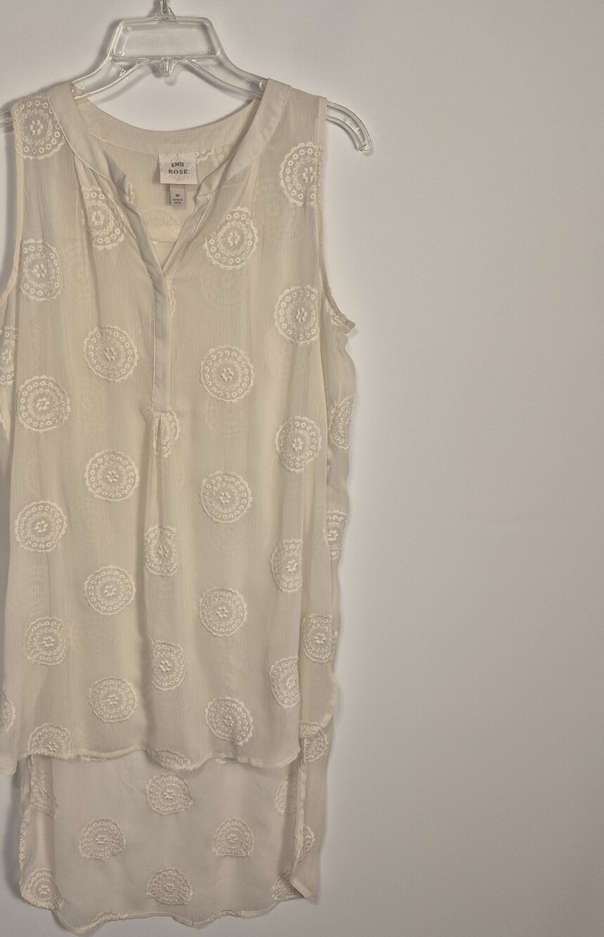 Knox Rose Womens Medium Ivory Sheer Embroidered Tunic Tank Top Boho Hi Low Hem
